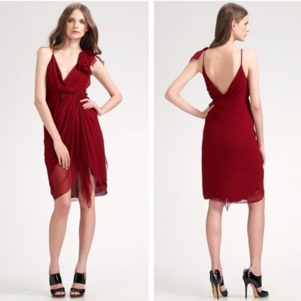 Alice + Olivia Decia Burgundy Asymmetric Ruffle Silk‎ Chiffon Dress XS S